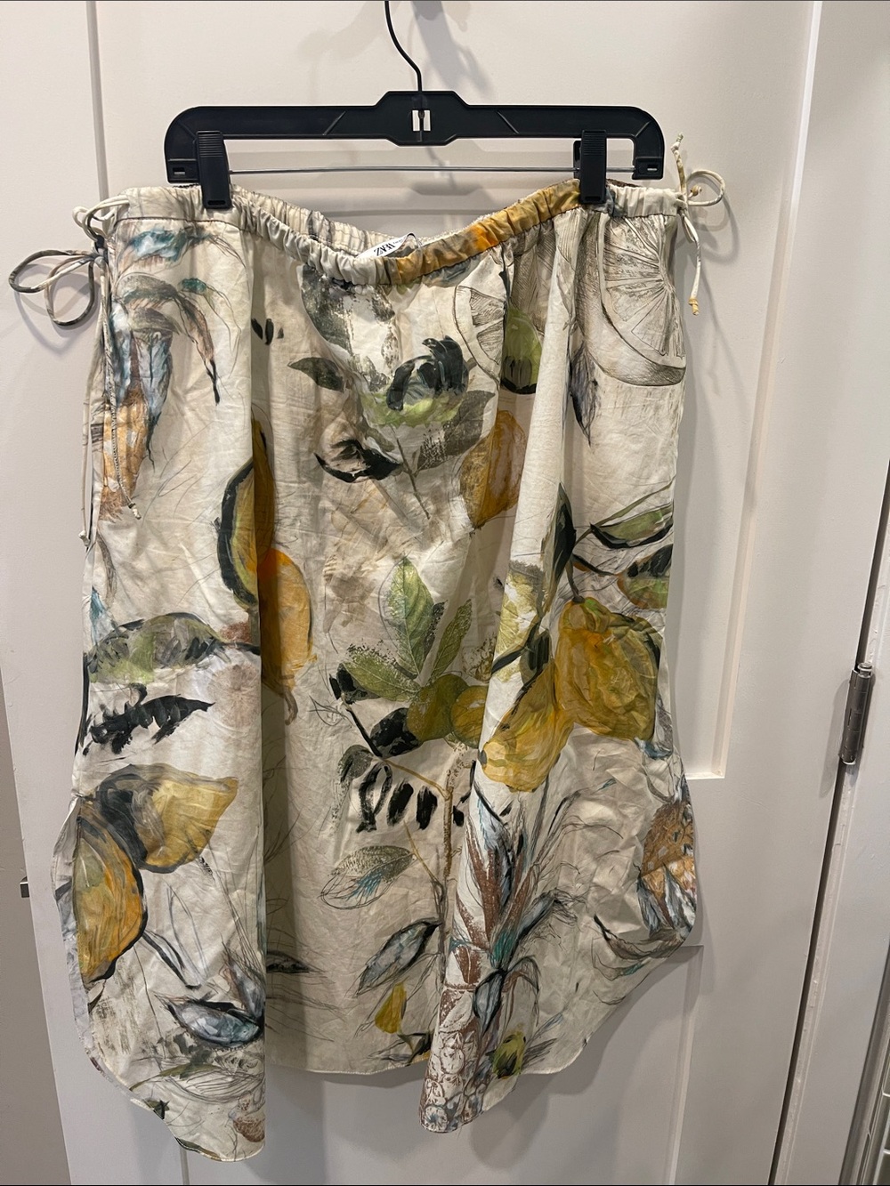 Zara Cream Linen-Blend A-Line Skirt with Yellow Green Floral Print sz XL